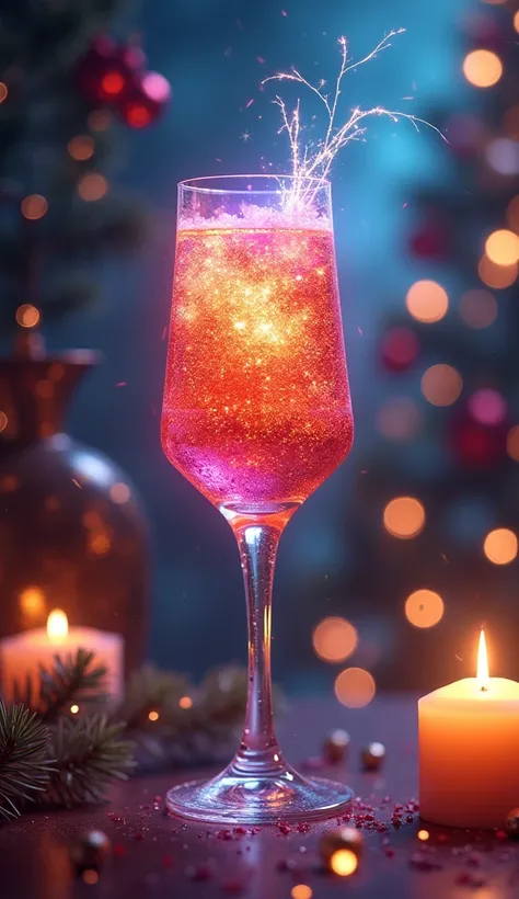 A bright magical glowing sparkling New Years drink in a glass, in the style of the hero of the product, shot in motion, a dynamic advertising image in a magazine, photorealism, a dream and mystical elements in the background. New Year tree. New Years candl...