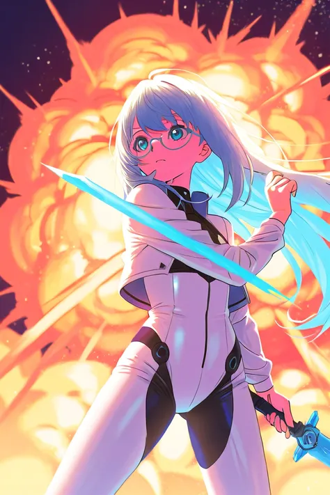 sketch drawing, colorful,  girl with long hair light blue and glasses,  in tight white costume futuristic style ,  with a blade sword ice blue futuristic , Fight pose striking with the sword ,  sword explosion ice particles  