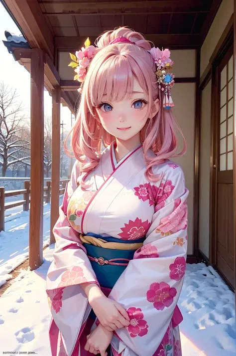 ( Best Quality , high res,8k,inelity detailed background, masterpieces at the front door of the house:1.2), beautiful girl,Big Breasts,Glossy pink-colored hair, long hair, messy hair,Beautiful pink eyes,  kimono, Furisode, haori, Gentle look,A refreshing l...