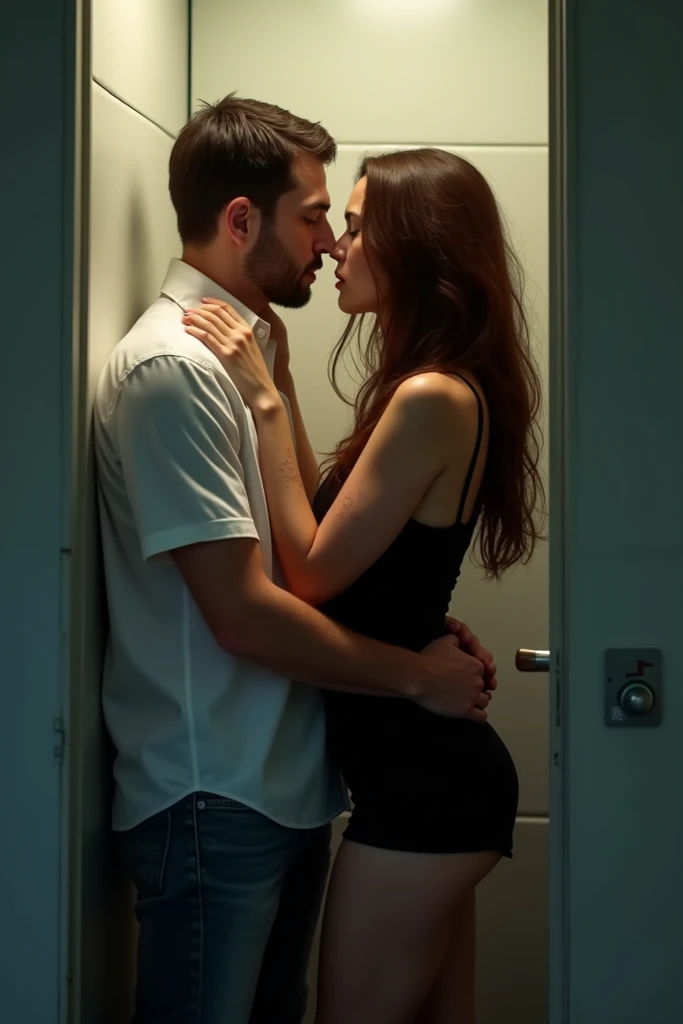 Man with white shirt and jeans is locked in the toilet cubicle with a sexy woman long brown hair and freckles and black short dress and has sex 