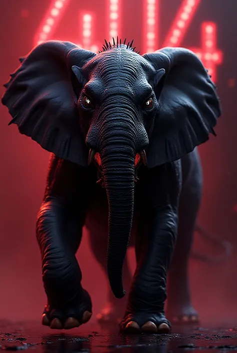  A Venom style muscular elephant on the back legs. In the background dark red, the numbers 404  