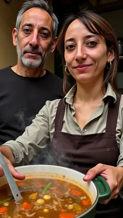 A woman cooking a soup, Very realistic, Focus on the face of man ,  ,  Textured skin 