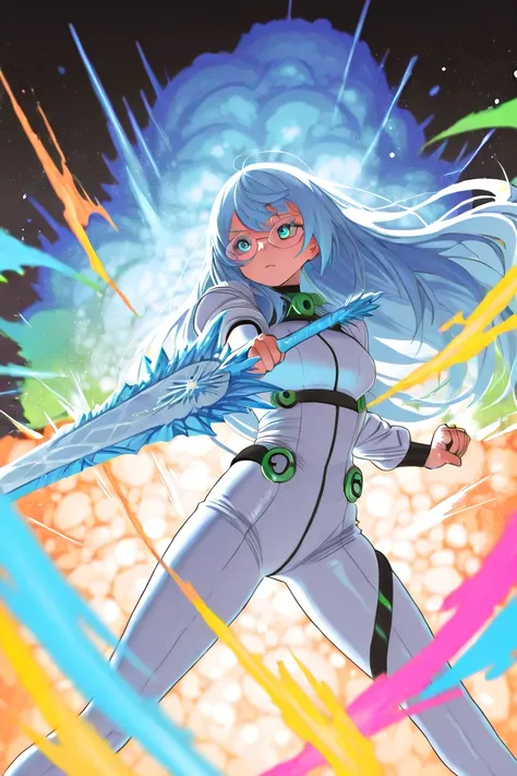  detailed sketch drawing, colorful,  girl with long hair light blue and glasses,  in tight white costume futuristic style ,  with a blade sword ice blue futuristic , Fight pose striking with the sword , Ice explosion, ice particles 