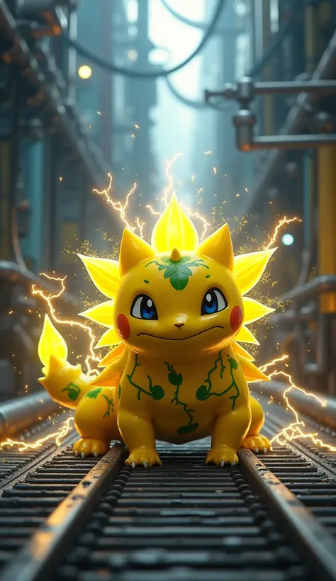 an electric ivysaur, in a power plant. Ultrarealistic. the color of the pokemon is yellow tones