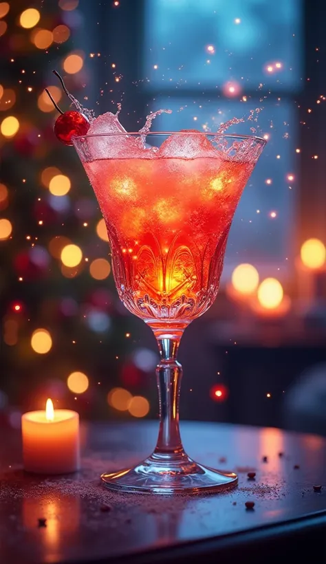 Bright magical glowing sparkling New Years drink in a festive glass, in the style of the hero of the product, shot in motion, dynamic advertising image in the magazine, photorealism, dream and mystical elements in the background. New Year tree. New Years c...