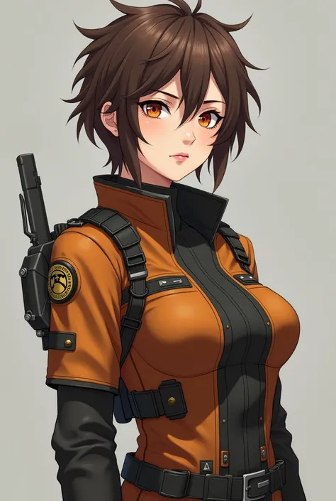 Anime girl short brown hair , orange eyes, brown and orange military clothing. Serious. Adult.