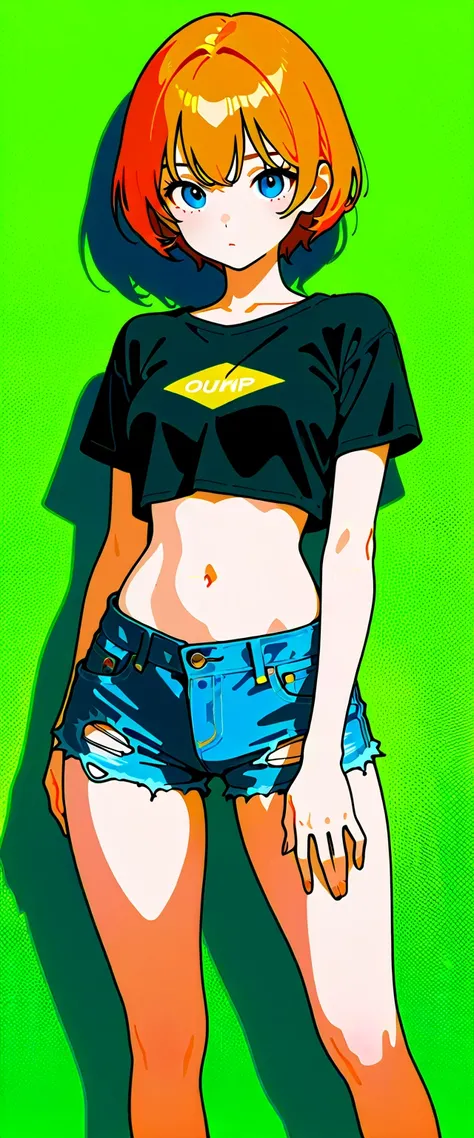 **1 women, short ginger hair, standing, livingroom, wearing Damaged Denim Shorts,crop top shirt, high res, ultrasharp, 8K, masterpiece, looking at viewer
