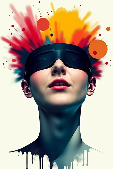 Minimalist, An abstract portrait of a person with their eyes blindfolded, featuring bold and vibrant colors. The face is distorted with fluid shapes and geometric patterns, creating a surreal and emotional atmosphere. The composition is dynamic, with splas...