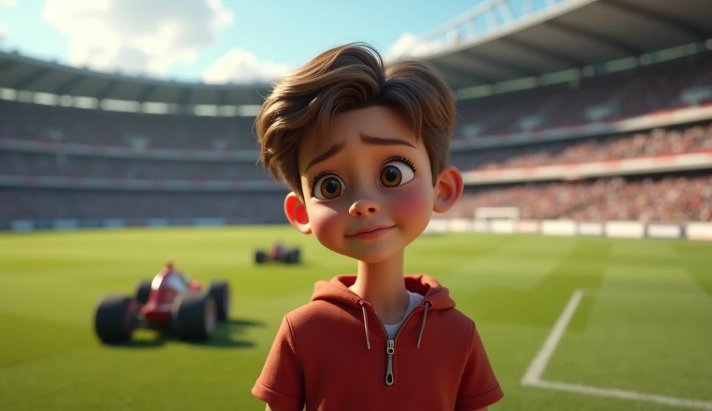 
"The  boy is standing in a stadium, looking towards the field with spectators in the background and the camera angle from above, with some racing cars on the field. His expression is focused and tired, with lifelike, detailed eyes, realistic facial featur...