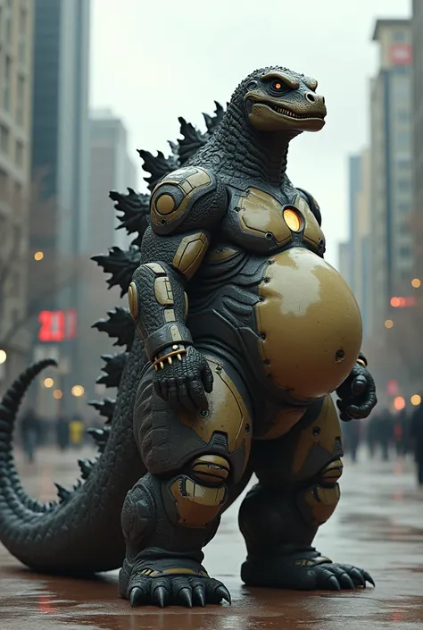 Small Godzilla behind Pregnant iron Man in a suit