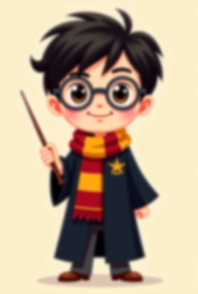 A high-definition cartoon illustration of a young, cheerful wizard boy with round glasses, messy black hair, a black robe, and a red and gold striped scarf. The boy is holding a wand in one hand, standing confidently against a plain light beige background,...