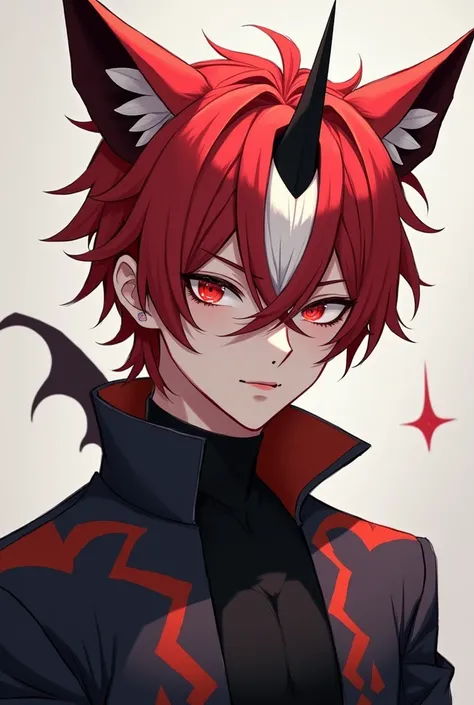 person,  with red hair and a white patch in his hair with a red foxs ear , with a demon horn ,  with the left side of his face black , He is a male , with a chibi-style demon wing with a standard blonde on the side