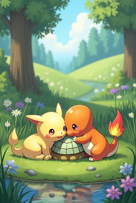 A scene of a Pokémon Toguepi ,  a Charmander and a Cyndaquil in a tender landscape