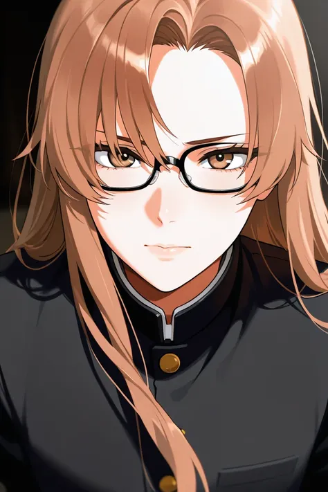 A girl with 15 white complexions,  brown hair, light brown eyes, black glasses,  a little long hair like a man , He wears a male Gakuran 