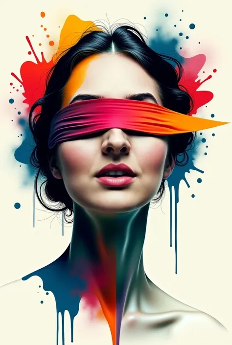 Minimalist, An abstract portrait of a person with their eyes blindfolded, featuring bold and vibrant colors. The face is distorted with fluid shapes and geometric patterns, creating a surreal and emotional atmosphere. The composition is dynamic, with splas...