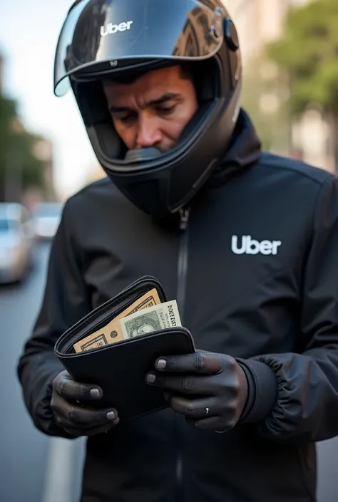 image:  An Uber motorcycle driver ,  with an open wallet ,  where there is money ,  and the visible Uber logo .  The image may show him looking at his wallet with a confused or thoughtful expression.

text ( upper part of the image ):
"You pay R $150 em um...