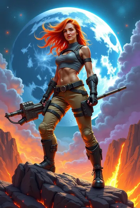 A striking and detailed painting of a fierce female warrior or adventurer, standing triumphantly atop a rocky volcanic outcrop in a breathtaking, celestial landscape. Her fiery red hair flows in the wind as she exudes strength and determination, wielding a...