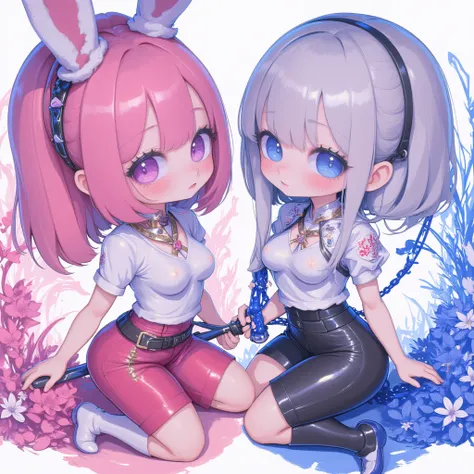 Chibi, masterpiece,  top quality ,  ultra detail, T-shirt under chest  ,two Chibi girls in action-oriented poses,  pink hair on the left The girl with rabbit ears is on one knee while getting down on one knee, I pulled out my sword,  Her sharp gaze is fixe...