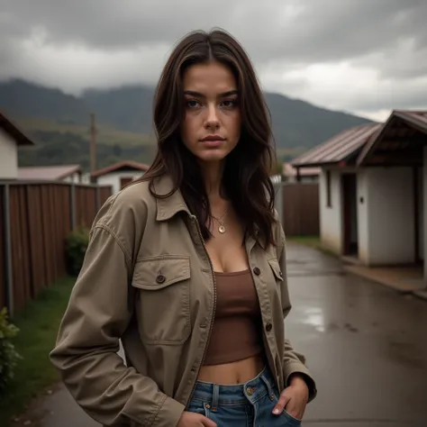 Isabella under a sky covered with clouds and fine rain posing with random clothes in Puerto Varas, Chile 