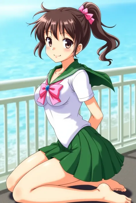 From below、、 green sailor color 、 sailor warrior uniform、(White leotard)、gem、 pink ribbon、brooch、Green skirt、( anime style)、( beautiful顔:1.5)、( beautiful、 Big Breasts )、 colorful 、 growing skin、Brown Hair、 ponytail、(masterpiece:1.5)、( high res)、( top quali...