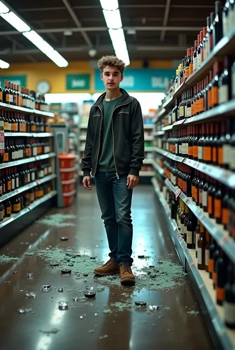   We were in a liquor store in Los Angeles and my 19-year-old son dropped three bottles of wine, hes standing on the floor, the bottles broken, the photo was taken at a distance. 