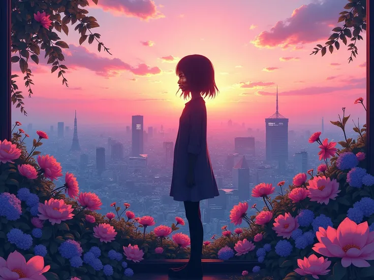 mini silhouette of black anime girl surrounded by flowers looking over tokyo city sunset large Landscape 4k desktop Wallapaper pink, blue, and purple aesthetic 