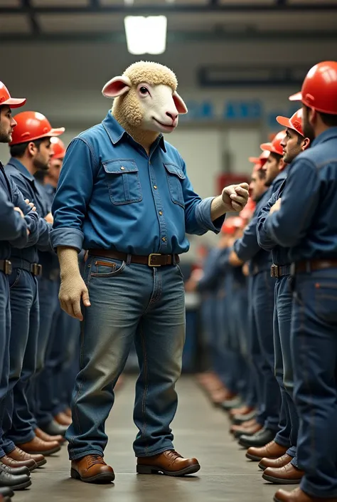  A sheep working as Chief of Operations for a group of mechanics, giving orders , wearing a blue shirt and jeans . 