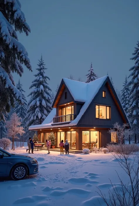 Create a hyper-realistic depiction of a modern private house in a cozy winter atmosphere. It is nighttime, with soft, white snow blanketing the ground and rooftops. Warm, inviting lights shine from the house’s windows, radiating comfort. Outside, ren are j...