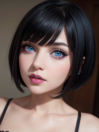 Beautiful and sensual,  Mavis,  goth girl ,  short black hair bobcut with bangs ,   blue eyes pink cheeks full lips and dark makeup cute and detailed perfect detailed face, realistic full HD full  