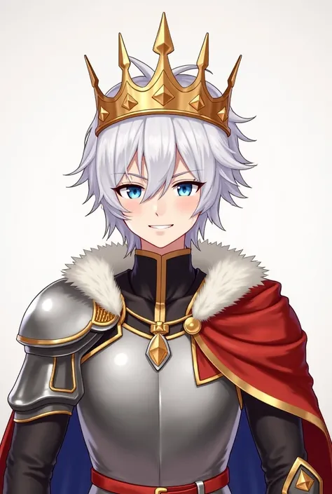  The character is wearing a royal knight outfit,  including a crown , indicating a royal or leadership status .  He has white hair and gold details on his clothes .  The characters face conveys a cheerful smile 