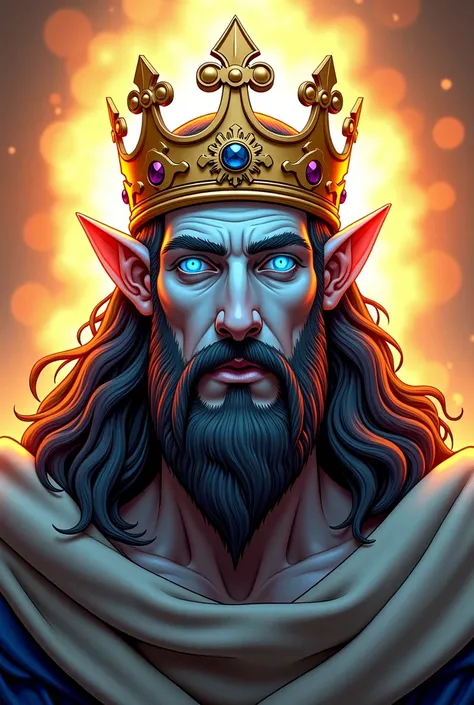 Closenus the face of King David with his crown  , Your blue eyes , and a light on his face portraying the love of God ,.In animated comic strips ,marvel