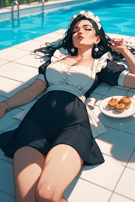 Maid milf, black hair, unconscious at the pool