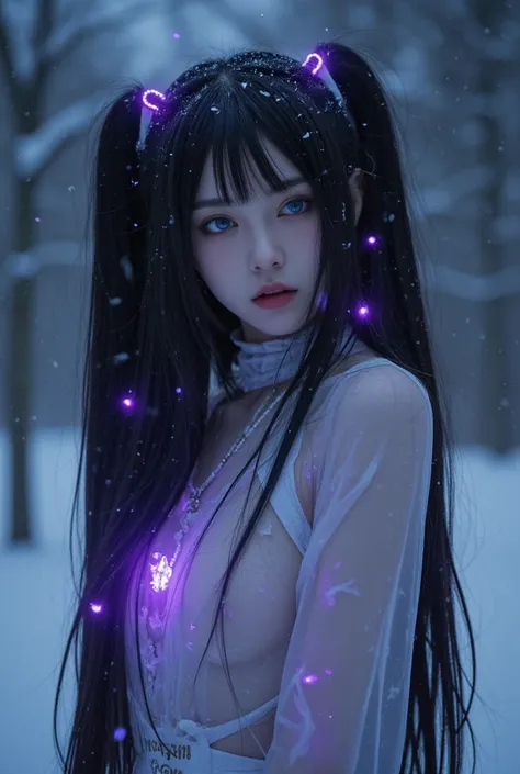 In a semi-real anime style, in the heart of a decaying Snow, a grungy majestic glass skin, her bark-like skin adorned with delicate, long, silky, and black hair. The photograph captures her ethereal presence with a mystical aura, as if shes a living part o...