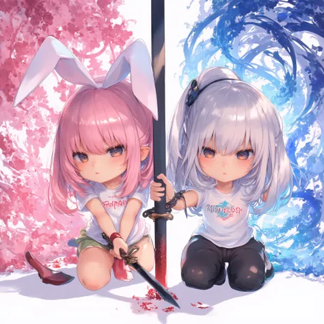 Chibi, masterpiece,  top quality ,  ultra detail, T-shirt under chest  ,two Chibi girls in action-oriented poses,  pink hair on the left The girl with rabbit ears is on one knee while getting down on one knee, I pulled out my sword,  Her sharp gaze is fixe...