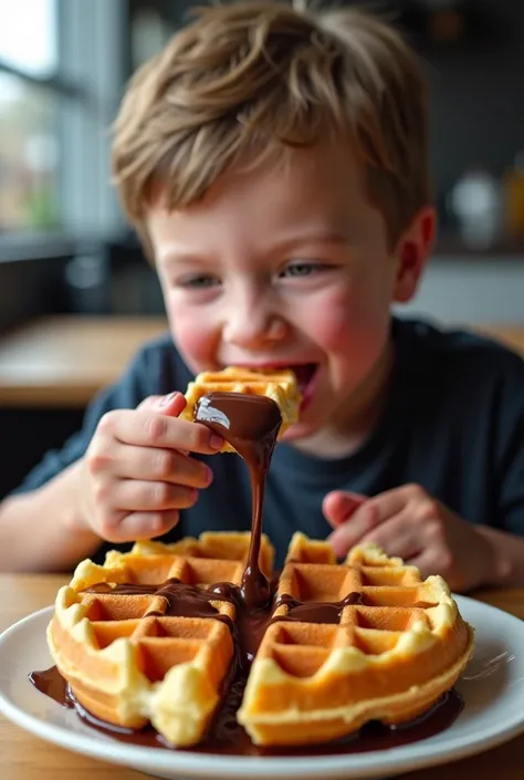 I want youtube thumbnail about how Belgian waffle co became 1300 cr company and I want a youngster who eats waffles with enthusiasm where we can see the happiness in his face while eating and chocolate soup is coming down