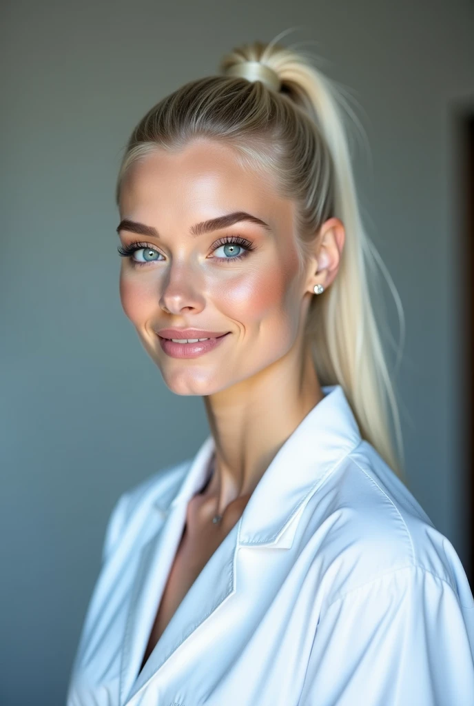 A stunning, high-contrast, cinematic portrait of a beautiful 23-year-old Ukrainian doctor with bright white-blond hair tied sleekly in a high ponytail, highlighting piercing blue eyes and her porcelain-white skin, dressed as a doctor. crisp, white doctors ...