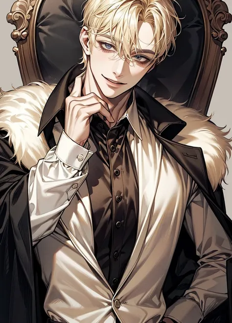 (Mastepiece), (Best Quality), Very detailed, Perfect Face, handsome face, older, (blonde-hair man:1.3), smiling, hair styled to side, short hair, wearing only white button shirt, wearing full black fur jacket, half body, muscle built body