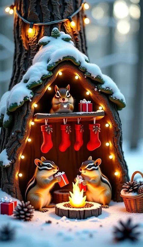 A cozy woodland Christmas scene with three chipmunks inside a hollowed-out tree trunk, decorated as a rustic cabin. The chipmunks are busy preparing tiny wrapped gifts and hanging festive stockings from the mantle. Below, a warm fire crackles, and a basket...