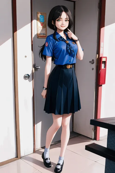 adorable teenage girl, smiling, standing posed, near door, (+forehead, black hair), (light-blue short sleeves collared shirt, dark-blue neckerchief), black cloth around waist, (dark navy-blue knee-length skirt), white socks, black flat shoes, BREAK, (1girl...