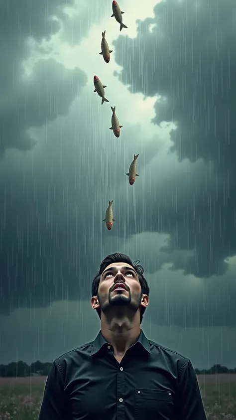 " A man looking up at the sky ,  with an expression of amazement ,  while raindrops and small fish fall around, ominous cloud background ."