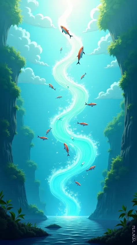 " Swirl of water that connects a river and the sky,  with fish being lifted into the clouds , artistic and immersive style ."