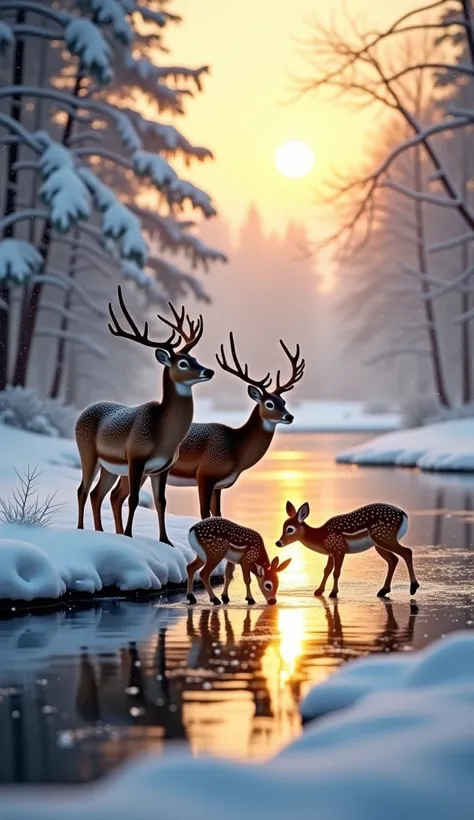 serene winter scene featuring a family of deer standing beside a frozen pond surrounded by snow-covered trees. The fawns curiously paw at the ice while the adult deer watch protectively. The soft golden light of a setting sun reflects off the icy surface, ...