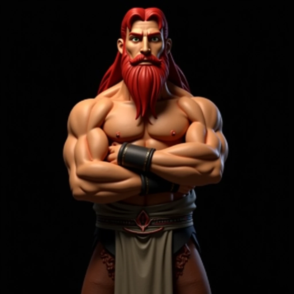 strong man, adult, fair skin, green eyes, long red hair, beard, entire body, dressed with dark white loincloth, and his brother, based on mortal kombat videogame, black background, portrait, 2d animation style