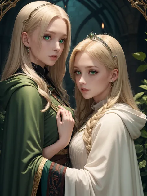 21 and  ,  two noble and beautiful princess sisters，Narcissa，  long blond hair and waist  ,  big glowing green eyes ,  white skin， has long eyelashes,  long green cloak ,  Hogwarts background , Skinship