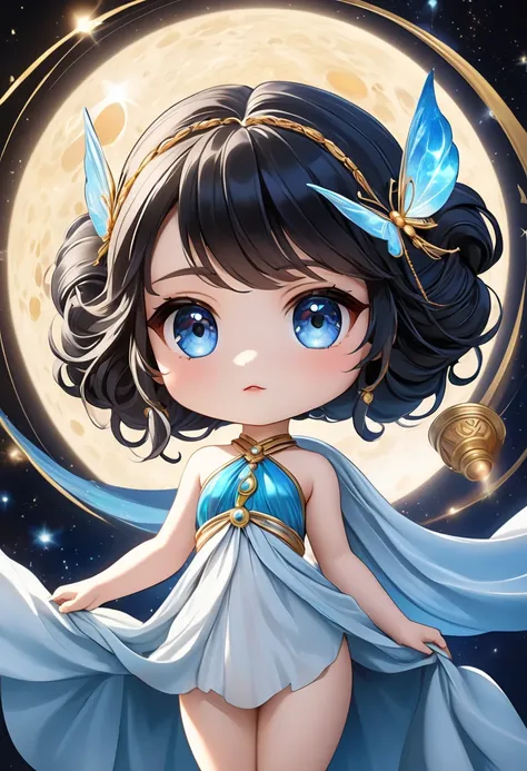 chibi, cool beauty, vivid and seductive expression, shining glossy silky half updo, superlative great body proportion, wearing luxurious and elegant fashion of the ancient Greek chiton and himation, accessories, have an Aquarius, background another dimensi...