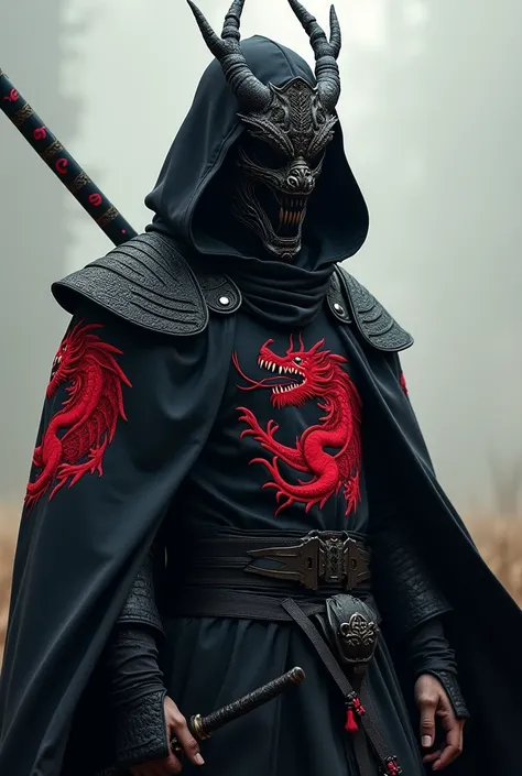 leader, wearing a menacing dragon mask and holding a sleek black katana in his hand. His presence exudes authority and power.wearing dark cloaks inspired by Akatsuki but uniquely adorned with a red dragon emblem on the chest and sleeves.cutting an israel s...