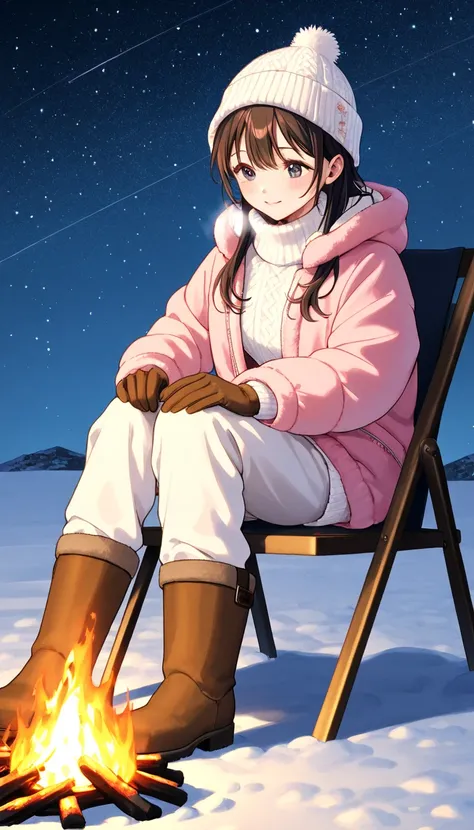 night、 starry sky 、 girl 、、 sits on a chair、Outdoor Chair、White knit hat、 white muffler、brown gloves 、 pink fleece jacket、white fleece pants、 brown snow boots、Winter clothes、bonfire、Snowfield