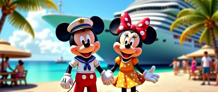 A vibrant and detailed depiction of the iconic Disney characters Mickey Mouse and Minnie Mouse, standing happily at the boarding gate of a luxurious cruise ship docked at the lively Miami shoreline. Mickey is dressed in a classic sailor outfit, complete wi...