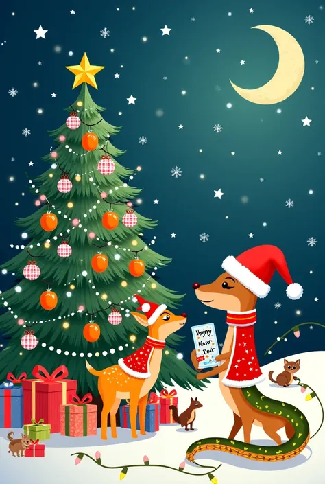  New Years greetings with a festive Christmas tree near which gifts ,  tangerines ,  holiday decor .  Also depicted deer , squirrel,  cat in festive Santa Claus costumes .
 In the sky stars and moon .  
 Festive snake of green color with Bengal lights and ...