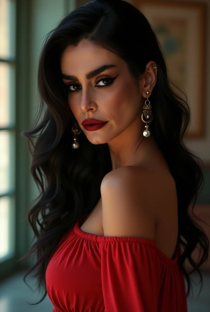 mulher latina, 32 years old, 1,68 tall, 59 kilos , black and shiny hair,  seductive eyes ,  mouth always red and well designed.  feminine and harmonious chin .